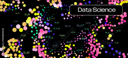 Vibrant multicolored data points in pink yellow blue scattered on black background with coordinate labels. Conceptual vector illustration for futuristic abstract data visualization.