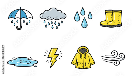 Rain and storm weather icons showing wet conditions and gear