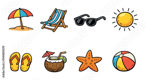 Beach and summer icons showing sun sand and leisure items