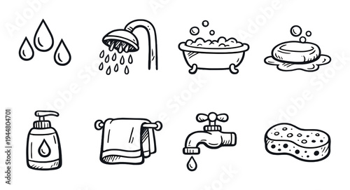 Bath and hygiene icons arranged on gray background grid