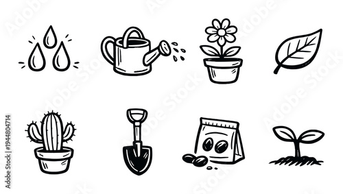 Gardening icons showing watering and planting on gray background