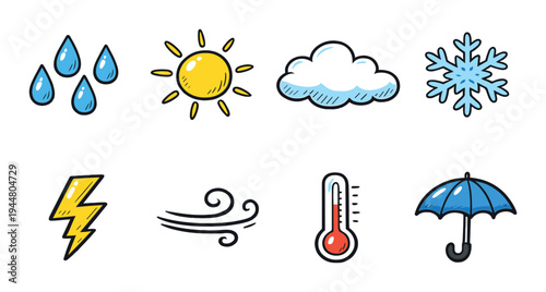 Weather icons showing sun rain snow and wind on dark background