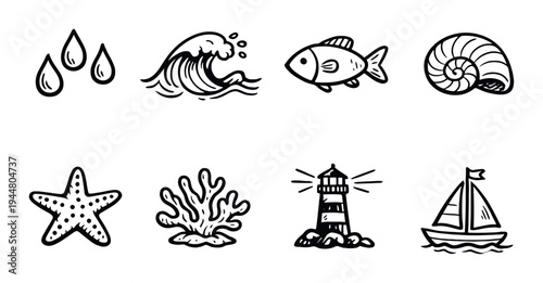 Sea and marine icons depicting ocean elements on gray background