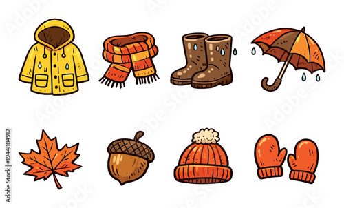 Autumn clothing and symbols arranged on brown gradient background