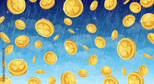 Golden coins with shamrocks falling from the sky with rain and horseshoes.