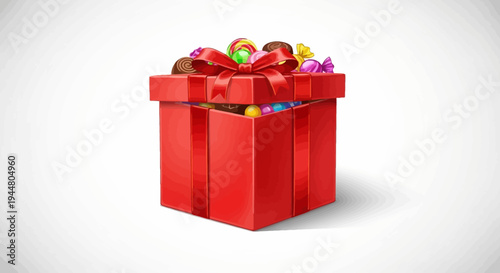 Red gift box filled with colorful candies and wrapped with a ribbon.