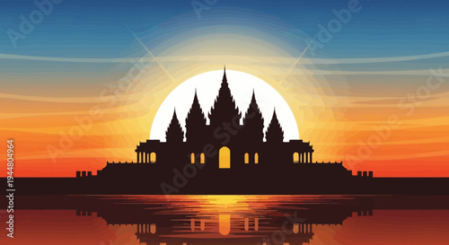 Temple silhouette at sunset over water