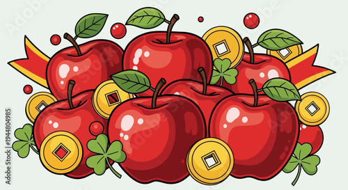 Red apples with chinese coins and shamrocks for good fortune