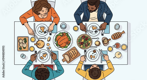 Family enjoys a festive dinner around a table with a roast chicken.