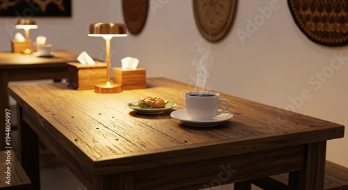 Wallpaper Mural Steaming Hot Coffee and Pastry on a Cozy Wooden Cafe Table with Warm Lighting Torontodigital.ca