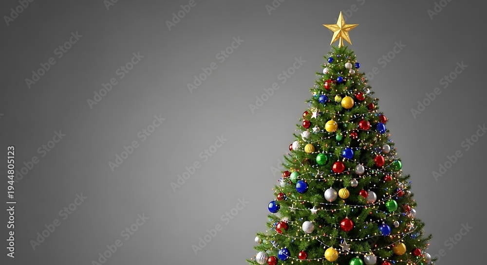 Obraz premium Festive Christmas Tree with Ornaments and Star Topper on Gray Background.