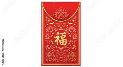 Traditional Chinese red envelope with gold patterns and Fu character isolated on white.
