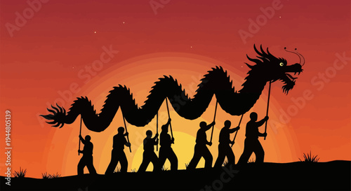 Silhouette of performers during a traditional Chinese dragon dance at sunset