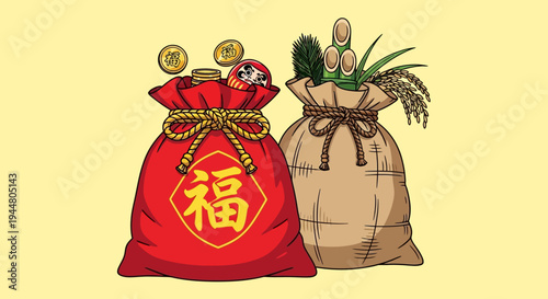 Illustration of traditional Japanese lucky bags for New Year celebration