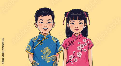 Vector illustration of a young Asian boy and girl in traditional Chinese clothing