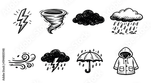 Weather hazard icons of lightning tornado rain wind and coat on dark