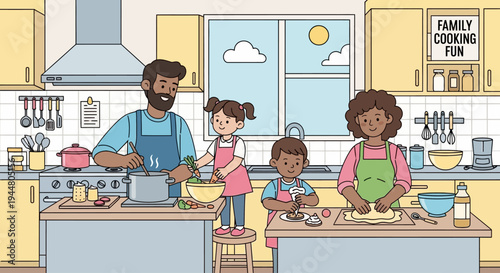 A happy family enjoys cooking together in a bright kitchen.