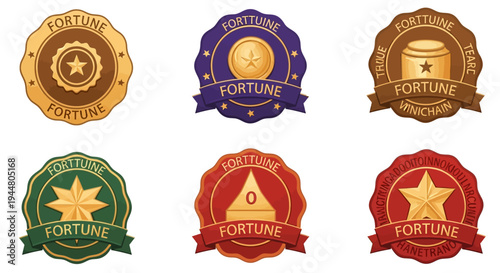 Collection of fortune and award badges with stars and symbols