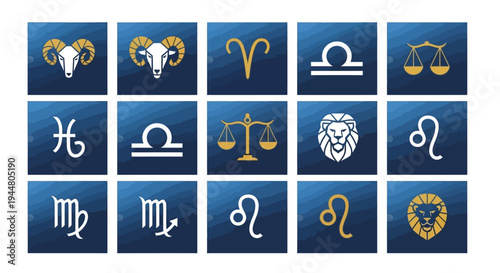 Collection of minimalist zodiac sign icons and astrology symbols on blue backgrounds