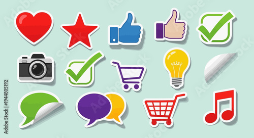 Set of colorful social media and web interface icons as stickers.