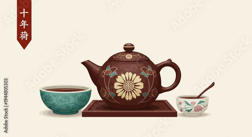 Traditional Chinese teapot set with ceramic cups on a wooden tray
