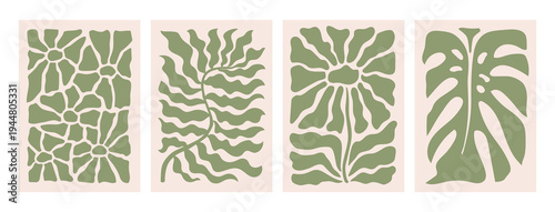 Abstract muted green leaf posters set. Trendy botanical wall arts with leaf design in danish pastel colors. Monochrome modern aesthetic. Decorative botanical elements. Vector naive art print