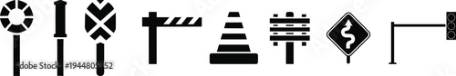 Assorted road signs and traffic symbols arranged in a row