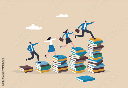 Knowledge or education to help business success, wisdom or learning to help employee achieve goal, training or education course concept, people running on growth book stack to achieve goal.