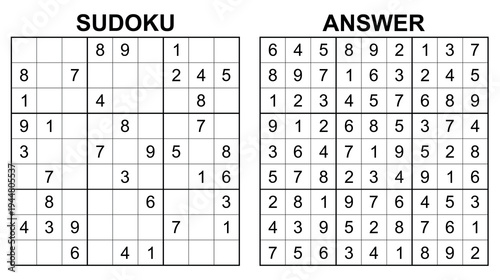 Vector sudoku with answer 49. Educational game with numbers for kids and leisure for adult on white background