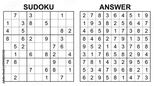 Vector sudoku with answer 48. Educational game with numbers for kids and leisure for adult on white background