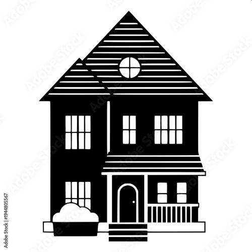 Simple vector illustration of a suburban house silhouette, dark gray solid shape, garage on left, centered arched doorway, two arched windows above, right side window with shutters, minimalist real es