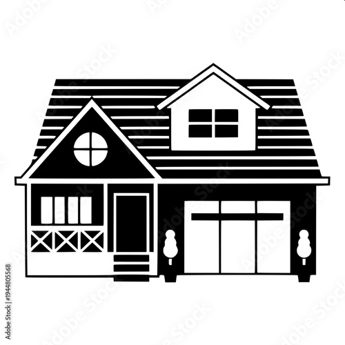 Simple vector illustration of a suburban house silhouette, dark gray solid shape, garage on left, centered arched doorway, two arched windows above, right side window with shutters, minimalist real es