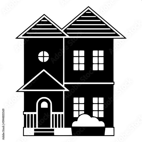 Simple vector illustration of a suburban house silhouette, dark gray solid shape, garage on left, centered arched doorway, two arched windows above, right side window with shutters, minimalist real es
