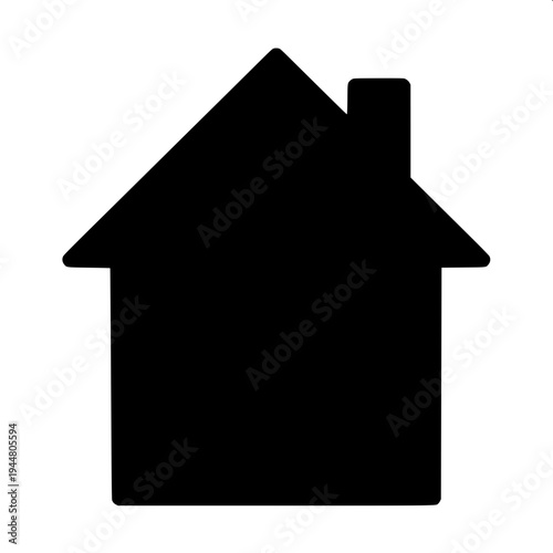 Simple vector illustration of a suburban house silhouette, dark gray solid shape, garage on left, centered arched doorway, two arched windows above, right side window with shutters, minimalist real es