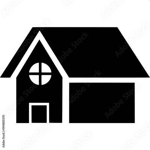Simple vector illustration of a suburban house silhouette, dark gray solid shape, garage on left, centered arched doorway, two arched windows above, right side window with shutters, minimalist real es