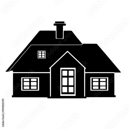 Simple vector illustration of a suburban house silhouette, dark gray solid shape, garage on left, centered arched doorway, two arched windows above, right side window with shutters, minimalist real es