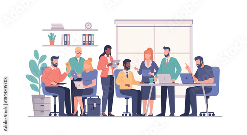 Business team collaborates on project in modern office environment with technology