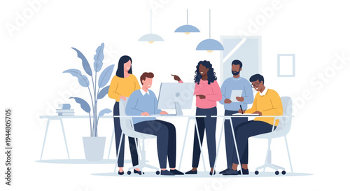 Business colleagues collaborating on laptop in modern office environment indoors