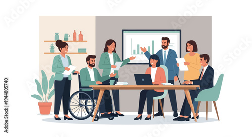 Business team gathers around conference table for meeting presentation