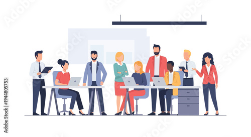 A group of diverse business professionals collaborating and working together in an office setting with computers and desks around.