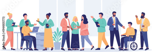 Diverse group of business professionals collaborating and communicating in an office setting with technology and accessibility.