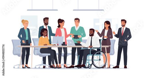 Diverse team collaborates on project in modern office setting with business laptop and wheelchair