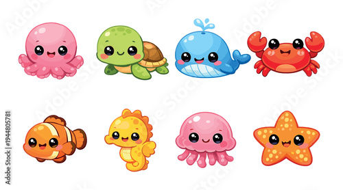 Eight cartoon sea animals displayed in rows on gradient background