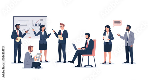 Business professionals engaging in a meeting with graphs and laptops in office