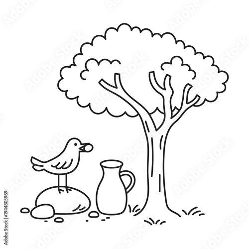 Aesop’s fable The Crow and the Pitcher vector illustration. Fairy tale line art doodle, perfect for children’s stories and educational use. Cute and simple fairy tale illustration.