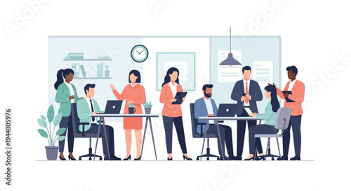 Business professionals collaborate in office setting with laptops and documents