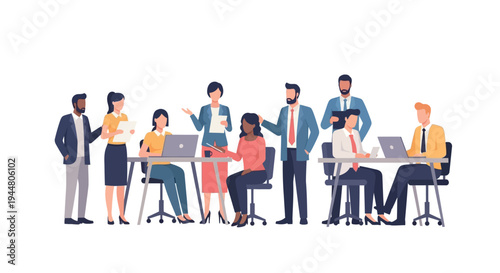 A group of business professionals collaborating and communicating in an office setting with laptops and papers.