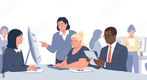 Business professionals collaborate on data analysis at a conference table with laptops