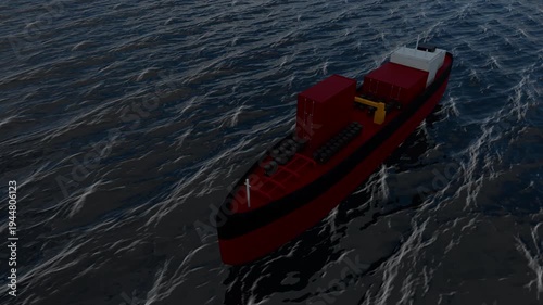 Cargo Ship with Shipping Containers and Oil Barrels at Sea