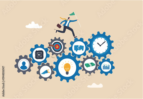 Management or project manager, working process or workflow to success, corporate operation, productivity or efficiency, strategy to achieve target concept, businessman jump on workflow
